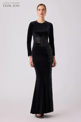 Stretch Velvet Beaded Mesh Inset Gown