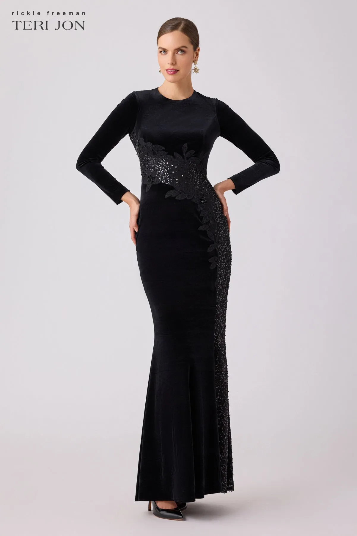 Stretch Velvet Beaded Mesh Inset Gown