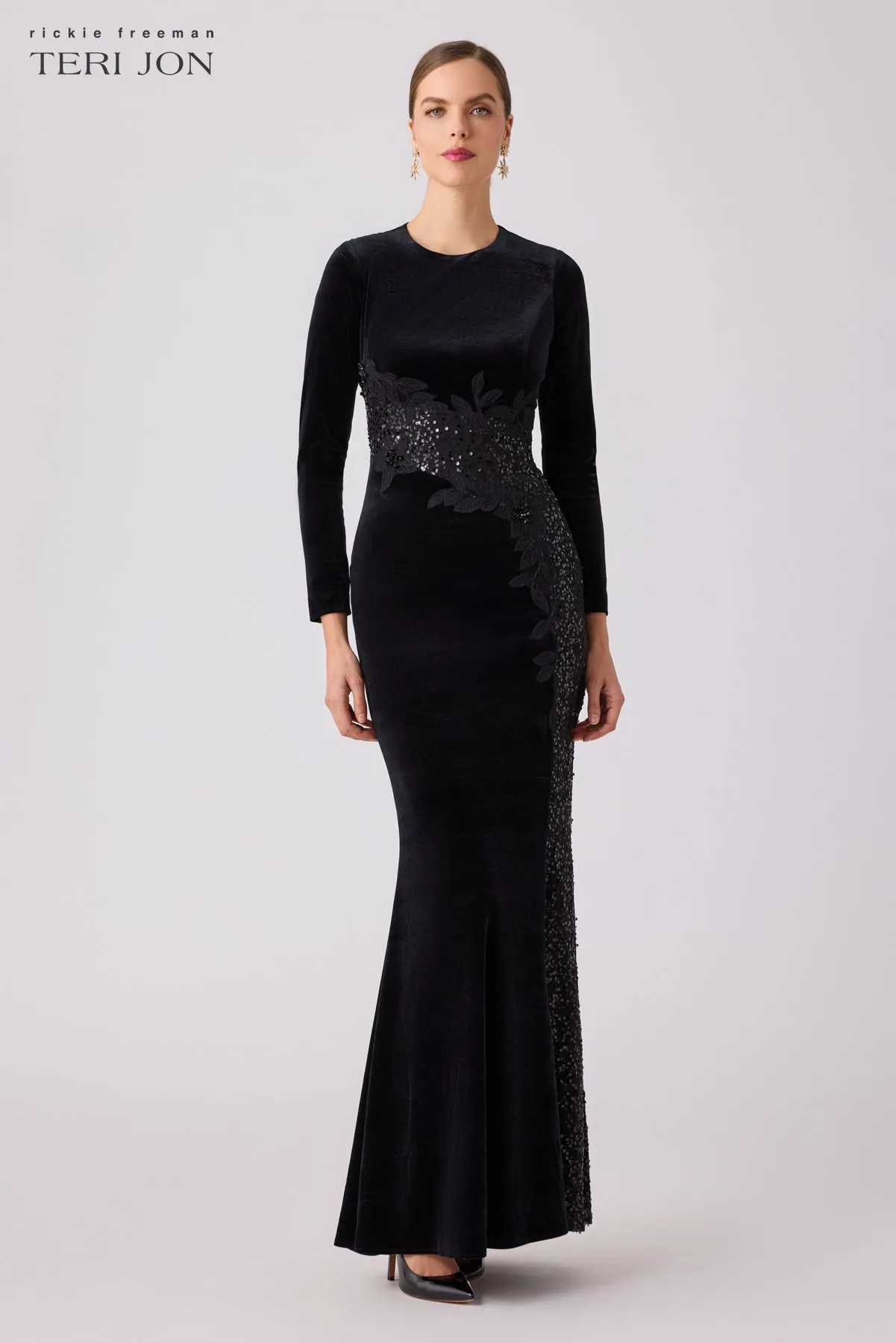 Stretch Velvet Beaded Mesh Inset Gown