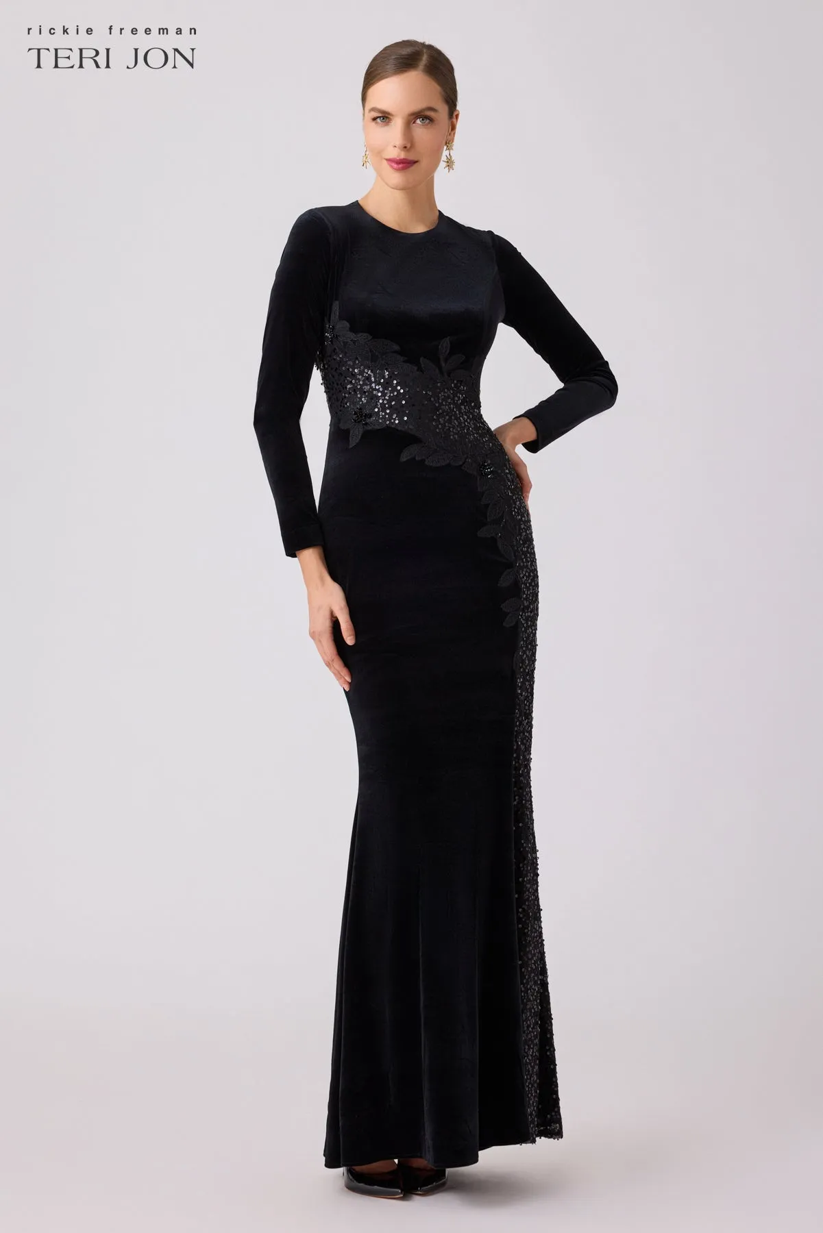 Stretch Velvet Beaded Mesh Inset Gown