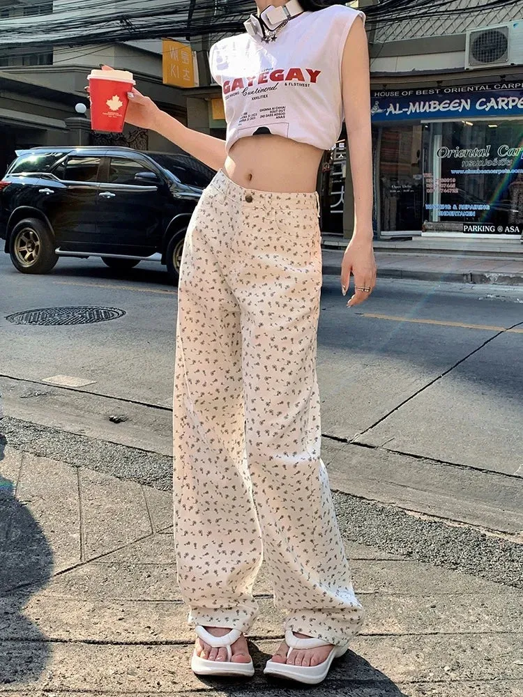 YESMYTOOL  -   High Waist Jeans Women Y2k Fashion Baggy Flower Printed Wide Leg Kpop Straight Denim Pants Hip Hop Causal Mujer Trousers