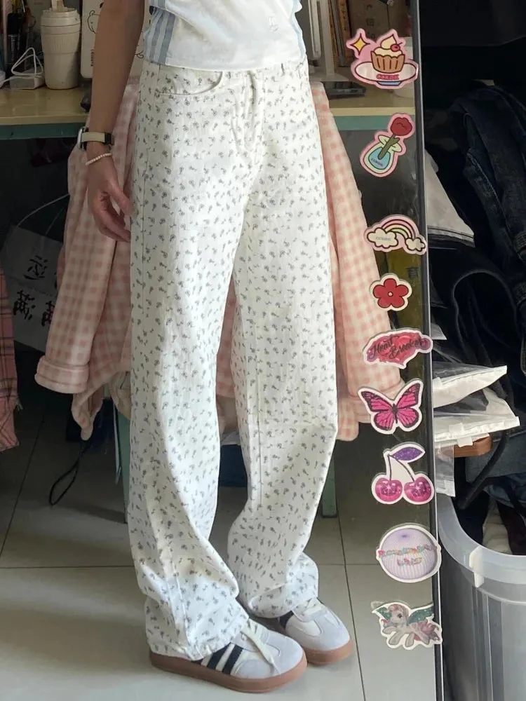 YESMYTOOL  -   High Waist Jeans Women Y2k Fashion Baggy Flower Printed Wide Leg Kpop Straight Denim Pants Hip Hop Causal Mujer Trousers
